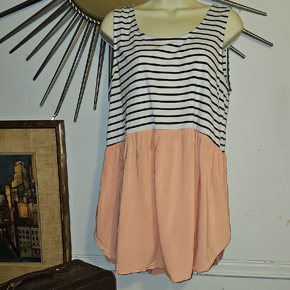 Umgee Blue & White Striped Tank with Peach Babydoll Hem